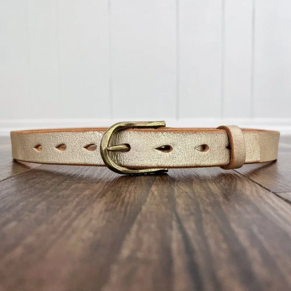American Eagle Gold Leather Belt Boho Solid Brass Buckle USA Made Size Medium